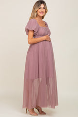 Mauve Pleated Puff Sleeve Matenrity Maxi Dress