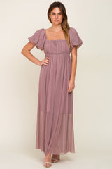 Mauve Pleated Puff Sleeve Matenrity Maxi Dress