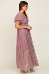 Mauve Pleated Puff Sleeve Maxi Dress