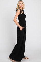 Black Sleeveless Smocked Wide Leg Jumpsuit