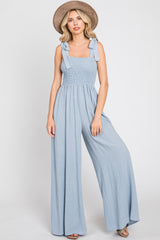 Light Blue Sleeveless Smocked Wide Leg Maternity Jumpsuit