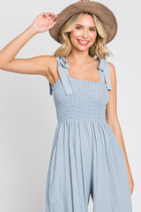 Light Blue Sleeveless Smocked Wide Leg Jumpsuit