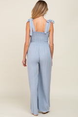 Light Blue Sleeveless Smocked Wide Leg Maternity Jumpsuit