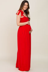 Red Sleeveless Smocked Wide Leg Maternity Jumpsuit