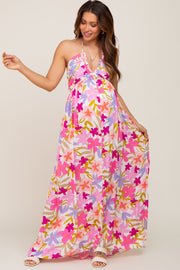 Fuchsia Floral Deep V Halter Maternity Maxi Dress