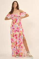 Fuchsia Floral Strapless Smocked Off-Shoulder Maternity Maxi Dress