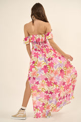 Fuchsia Floral Strapless Smocked Off-Shoulder Maxi Dress