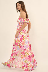 Fuchsia Floral Strapless Smocked Off-Shoulder Maxi Dress