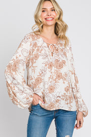 Cream Floral Lace-Up Puff Long Sleeve Top