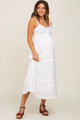 White Ruffle Accent Maternity Midi Dress