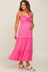 Pink Ruffle Accent Maternity Midi Dress