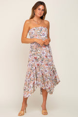 Taupe Floral Strapless Handkerchief Midi Dress