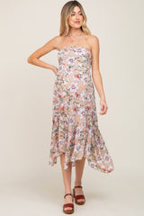 Taupe Floral Strapless Handkerchief Maternity Midi Dress