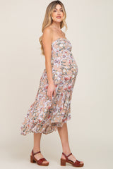 Taupe Floral Strapless Handkerchief Maternity Midi Dress