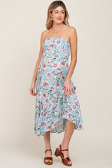 Blue Floral Strapless Handkerchief Maternity Midi Dress