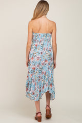 Blue Floral Strapless Handkerchief Maternity Midi Dress