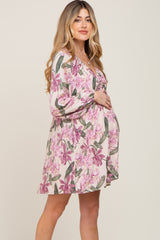 Cream Floral Cinched Front Long Sleeve Maternity Dress