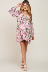 Cream Floral Cinched Front Long Sleeve Maternity Dress