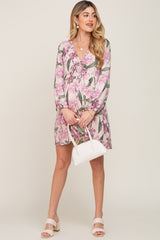 Cream Floral Cinched Front Long Sleeve Maternity Dress