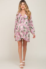 Cream Floral Cinched Front Long Sleeve Maternity Dress