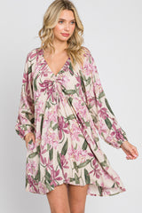 Cream Floral Cinched Front Long Sleeve Maternity Dress