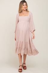 Beige Striped 3/4 Cinched Sleeve Tiered Maternity Midi Dress