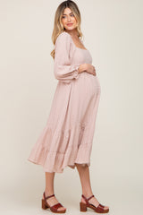 Beige Striped 3/4 Cinched Sleeve Tiered Maternity Midi Dress