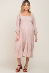 Beige Striped 3/4 Cinched Sleeve Tiered Maternity Midi Dress