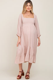 Beige Striped 3/4 Cinched Sleeve Tiered Maternity Midi Dress