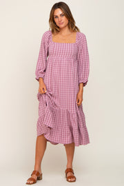 Mauve Striped 3/4 Cinched Sleeve Tiered Midi Dress