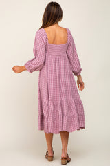 Mauve Striped 3/4 Cinched Sleeve Tiered Midi Dress