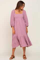 Mauve Striped 3/4 Cinched Sleeve Tiered Midi Dress