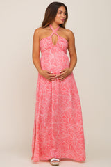 Coral Floral Halter Neck Maternity Maxi Dress