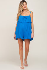 Royal Blue Gauze Square Neck Ruffle Maternity Romper