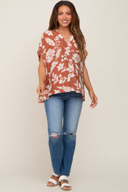 Camel Floral V-Neck Maternity Blouse