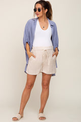 Beige Drawstring Pocketed Maternity Shorts