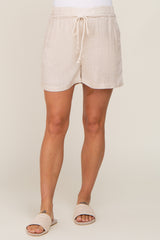 Beige Drawstring Pocketed Maternity Shorts