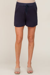 Navy Drawstring Pocketed Maternity Shorts