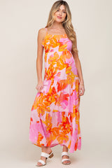 Pink Floral Tiered Sleeveless Maternity Maxi Dress