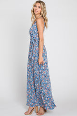 Blue Floral Wrap Top Sleeveless Maxi Dress