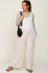 Beige Ribbed Maternity Wide Leg Jumpsuit