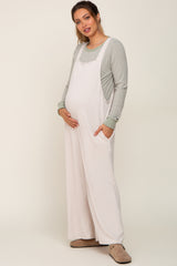 Beige Ribbed Maternity Wide Leg Jumpsuit