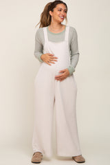 Beige Ribbed Maternity Wide Leg Jumpsuit