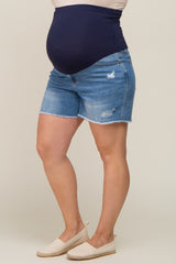 Blue Medium Wash Distressed Maternity Plus Shorts