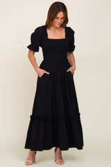 Black Puff Sleeve Ruffle Accent Maternity Maxi Dress