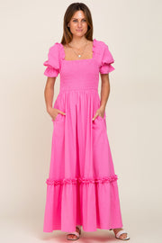 Hot Pink Puff Sleeve Ruffle Accent Maxi Dress