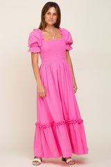 Hot Pink Puff Sleeve Ruffle Accent Maxi Dress