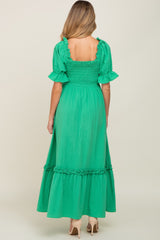 Green Puff Sleeve Ruffle Accent Maternity Maxi Dress