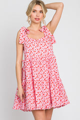 Pink Floral Shoulder Tie Ruffle Tiered Maternity Dress