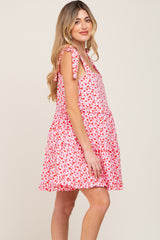 Pink Floral Shoulder Tie Ruffle Tiered Maternity Dress